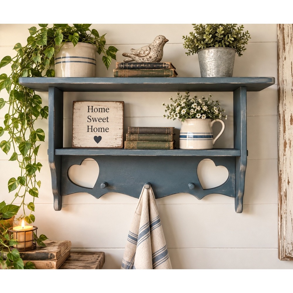 Vintage Blue Wood Wall Shelf with Heart Cutouts and 3 Peg Hooks Farmhouse Decor